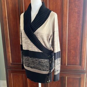 Style & Co. Shawl Collar Long Sleeve V-Neck Color-Block Sweater w/Lace-Up Side.